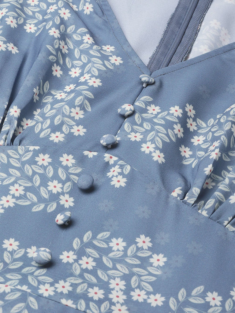 Women's Dark Blue Floral Flared Skater Dress
