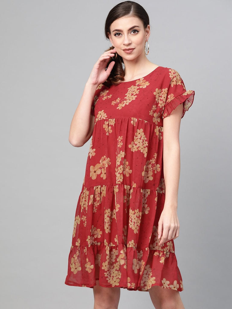 Women's Red Floral Tiered Trapeze Dress