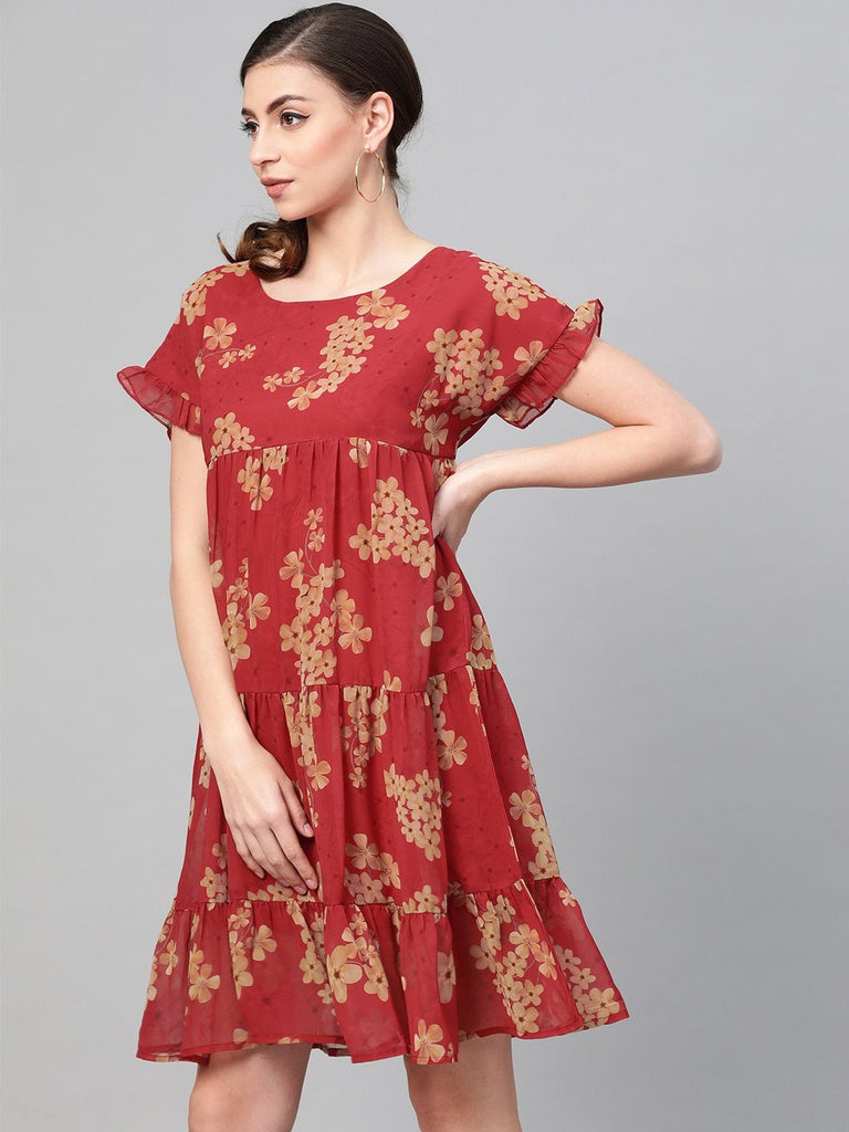 Women's Red Floral Tiered Trapeze Dress