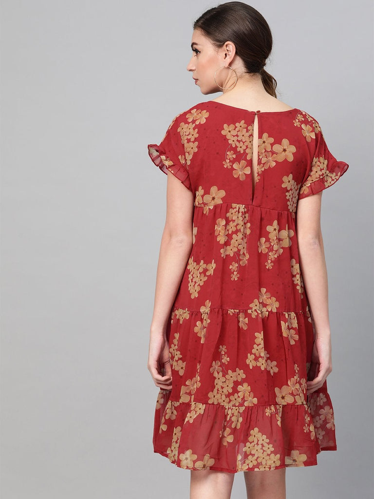 Women's Red Floral Tiered Trapeze Dress