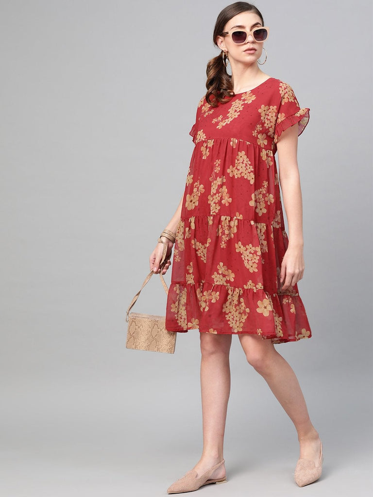 Women's Red Floral Tiered Trapeze Dress