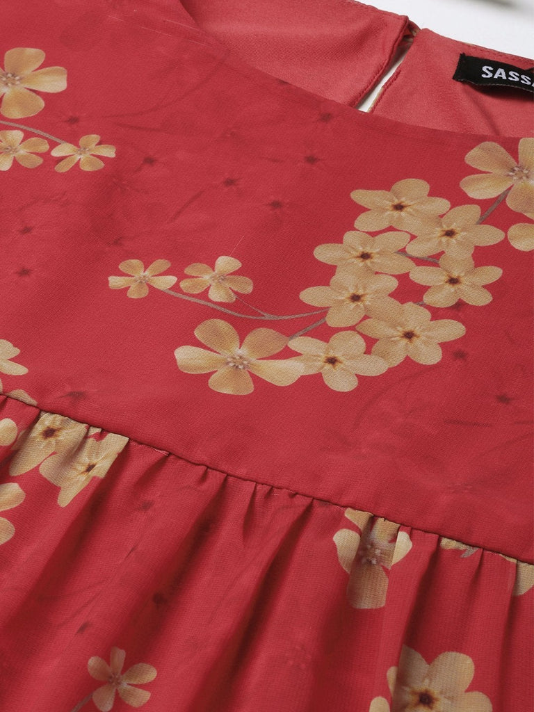Women's Red Floral Tiered Trapeze Dress