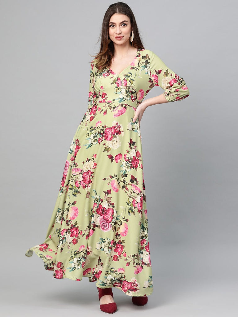 Women's Green Floral Flared Maxi Dress