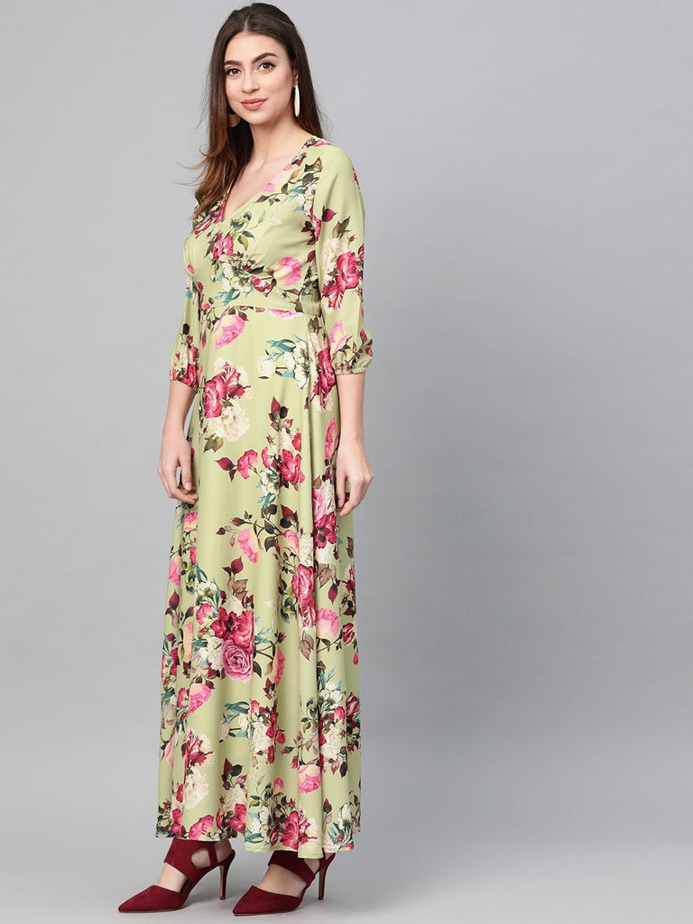 Women's Green Floral Flared Maxi Dress