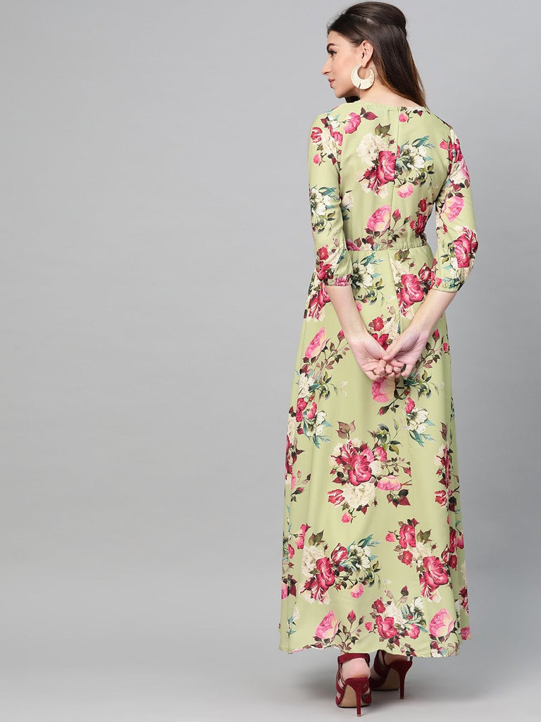 Women's Green Floral Flared Maxi Dress