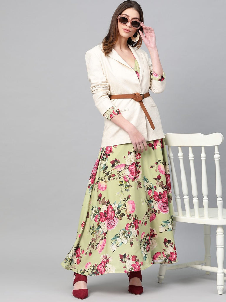 Women's Green Floral Flared Maxi Dress