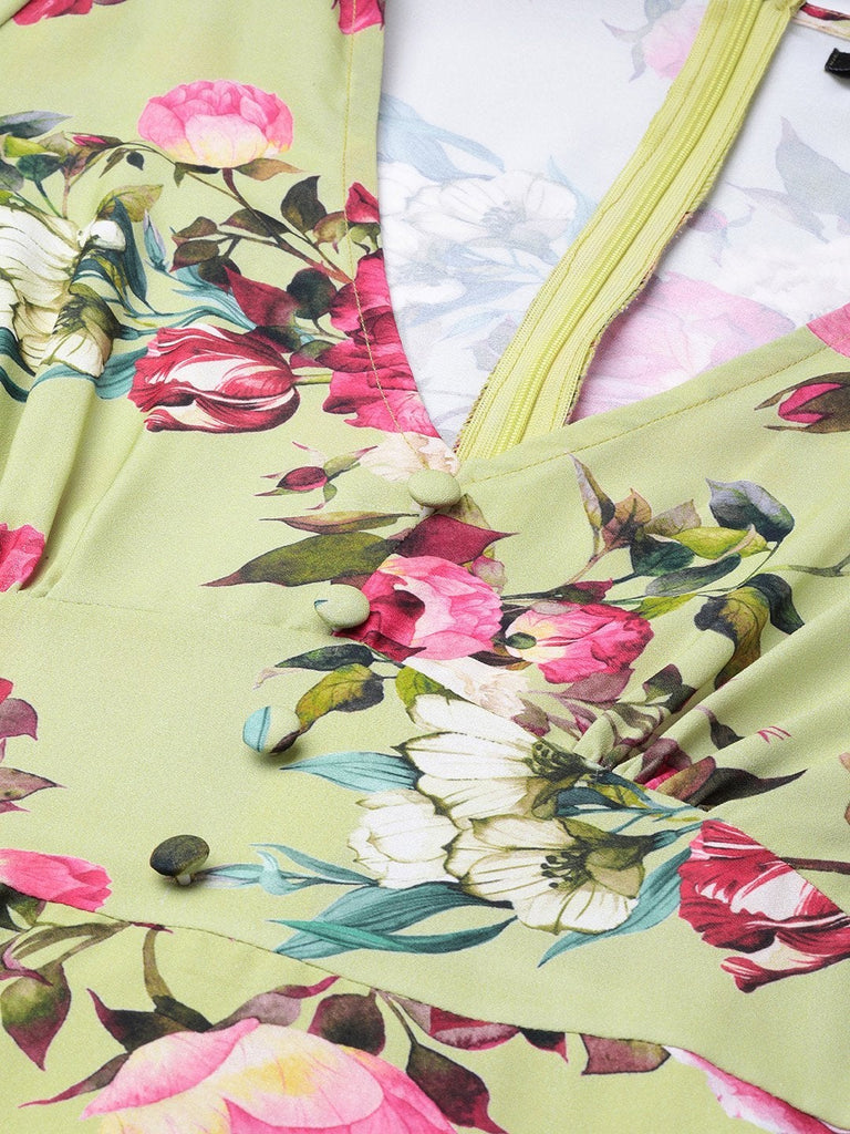 Women's Green Floral Flared Maxi Dress