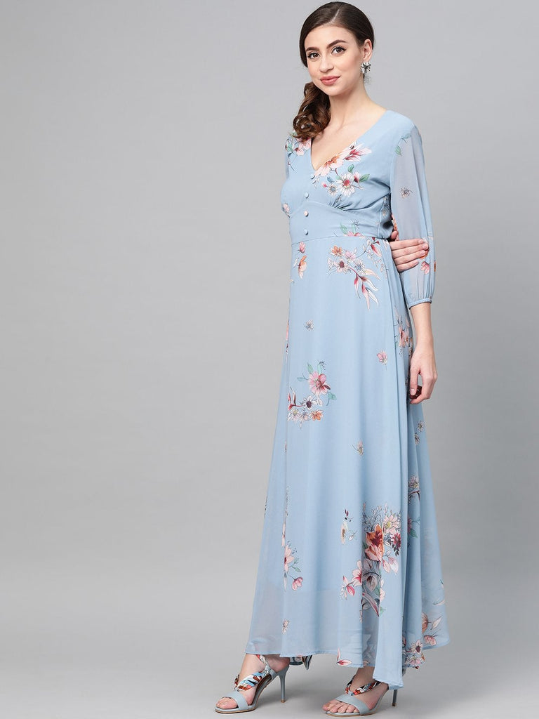 Women's Pale Blue Floral Flared Maxi Dress