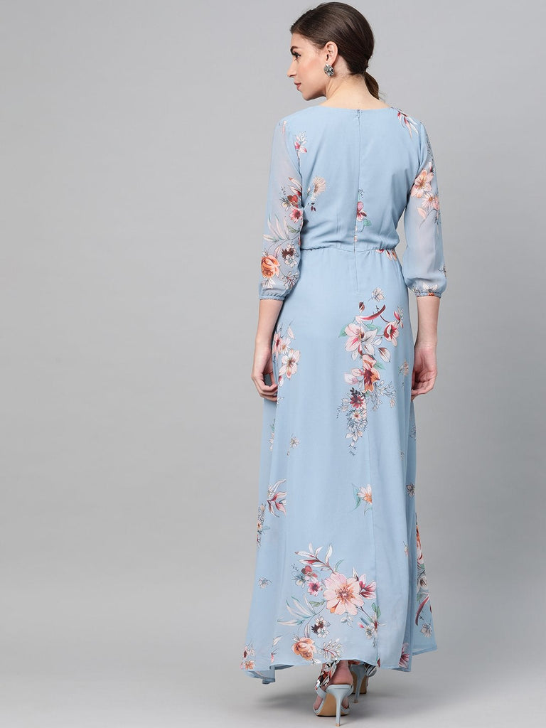 Women's Pale Blue Floral Flared Maxi Dress