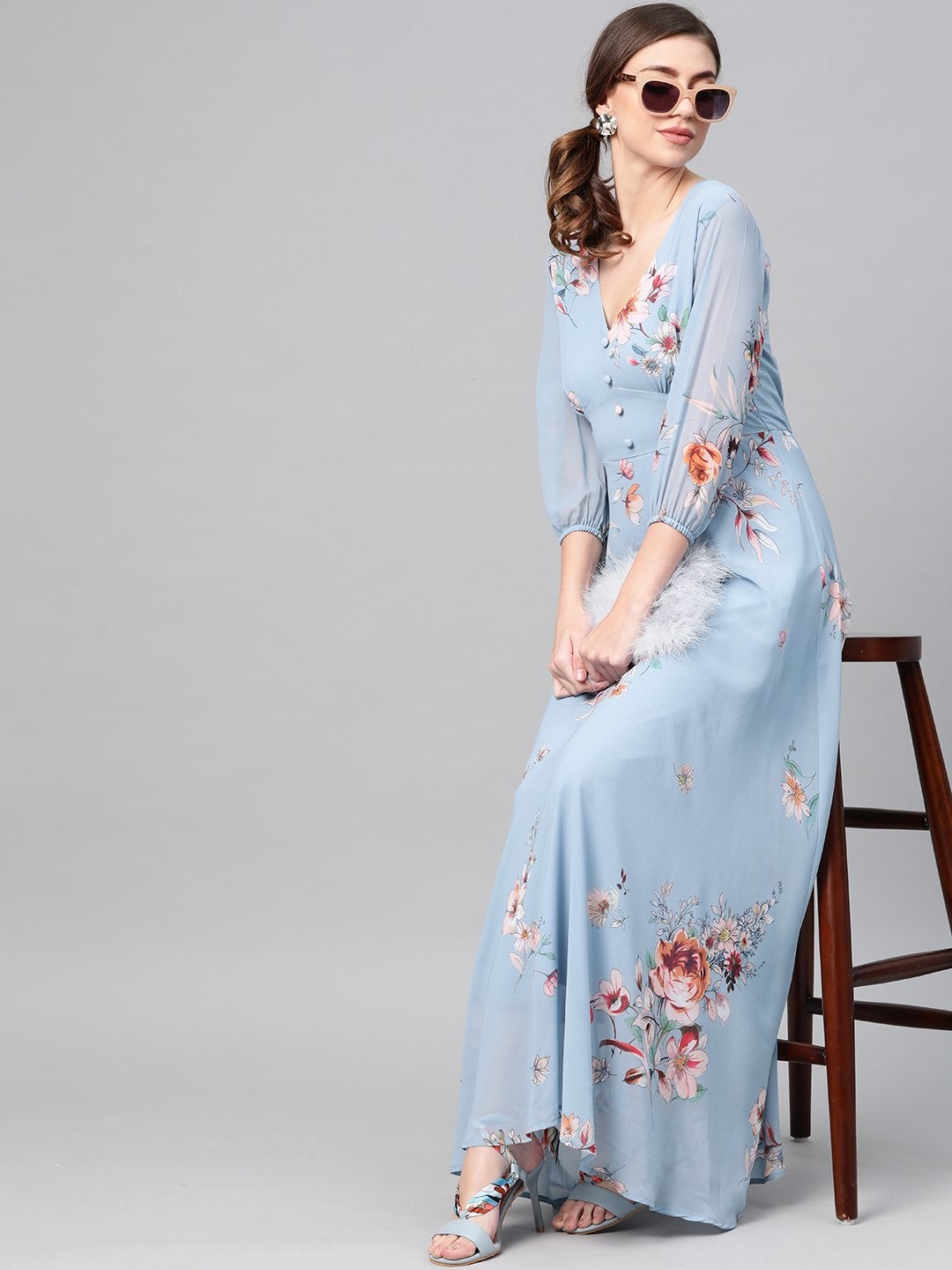 Women's Pale Blue Floral Flared Maxi Dress - SASSAFRAS