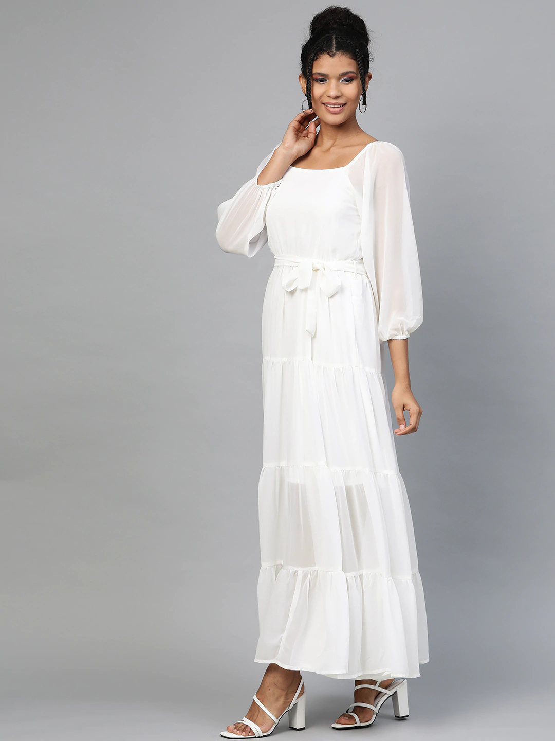 Women's White Square Neck Tiered Maxi Dress - SASSAFRAS