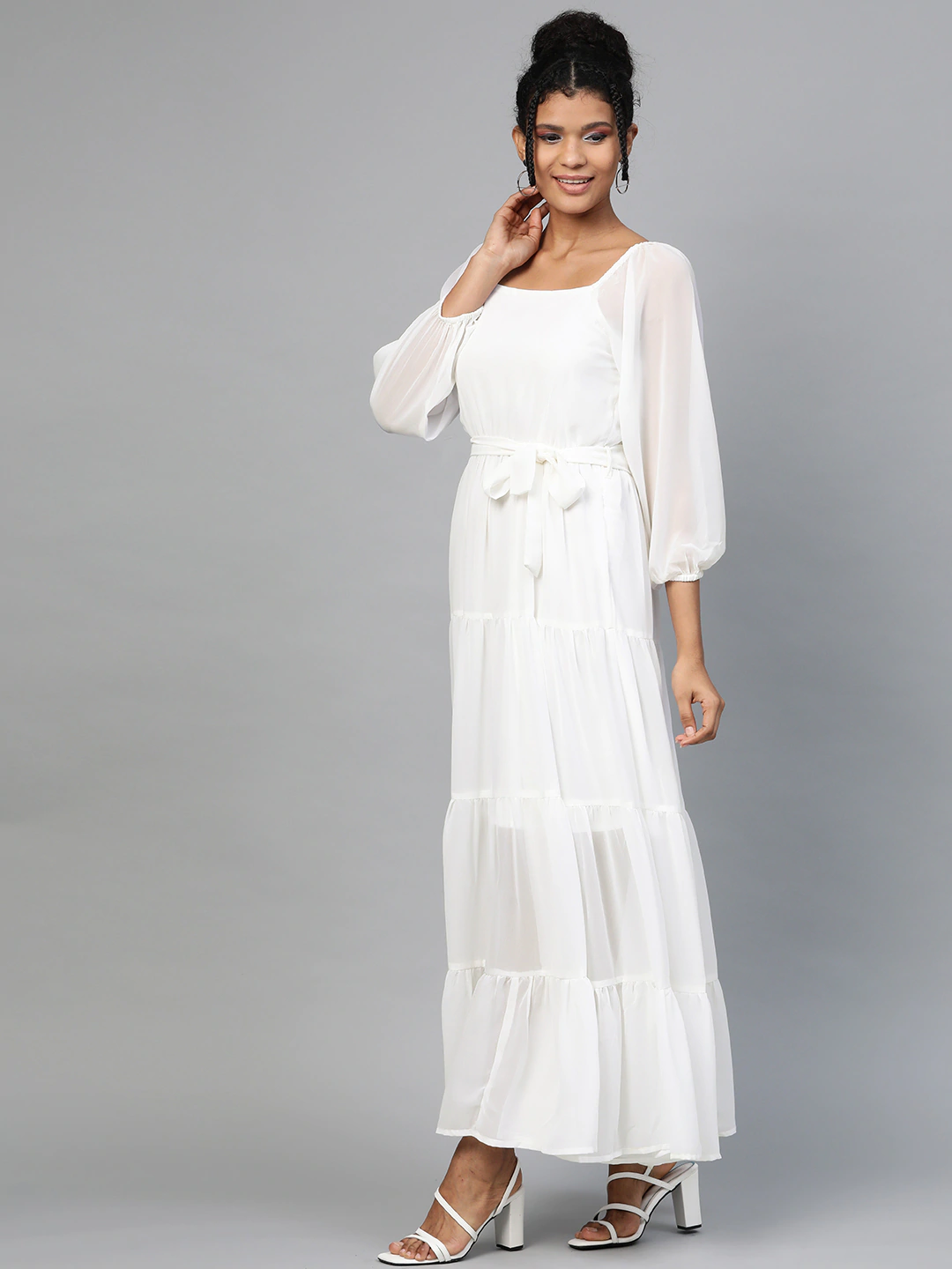 Sassafras White Square Neck Tiered Maxi Dress M / White Sassafras White Square Neck Tiered Maxi Dress M / White