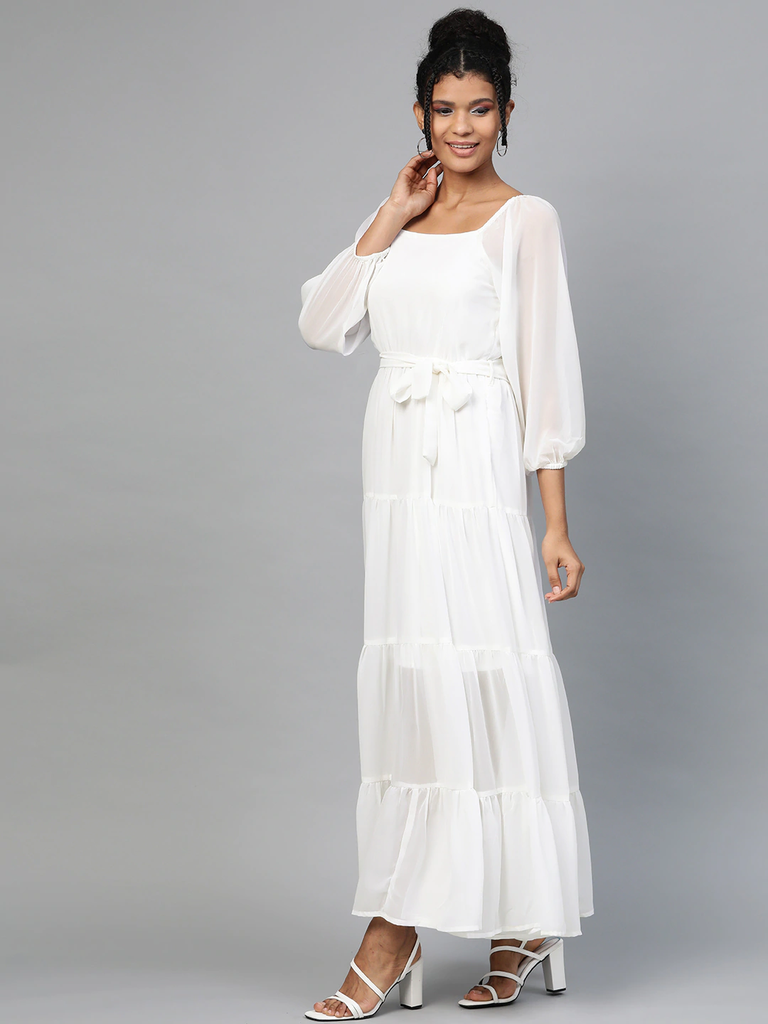 Women's White Square Neck Tiered Maxi Dress