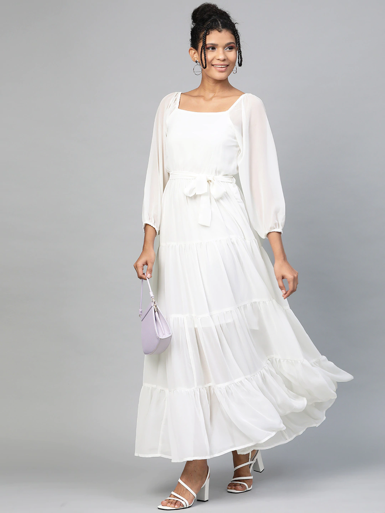 Women's White Square Neck Tiered Maxi Dress