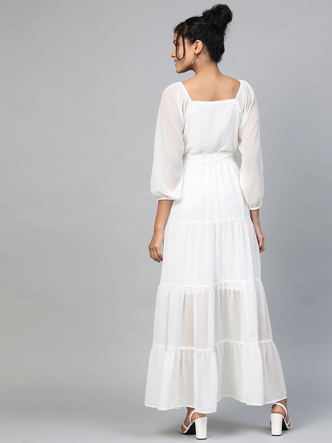 Women's White Square Neck Tiered Maxi Dress - SASSAFRAS
