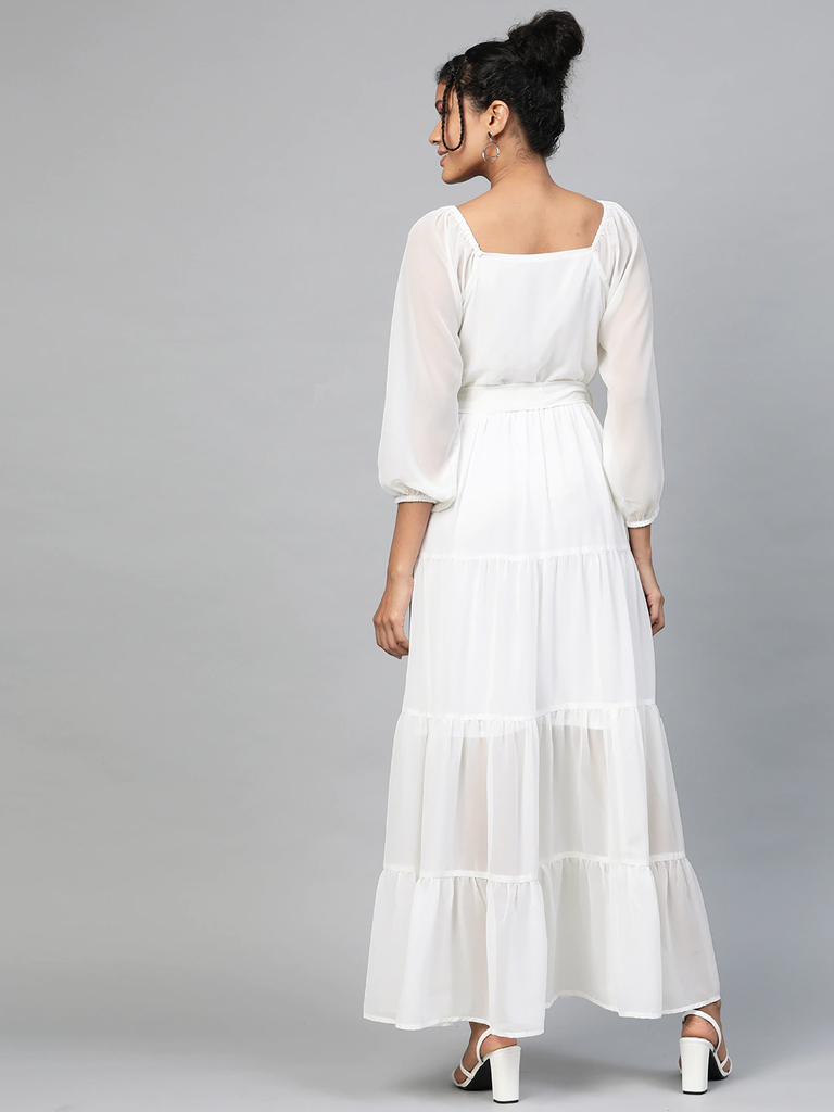 Women's White Square Neck Tiered Maxi Dress