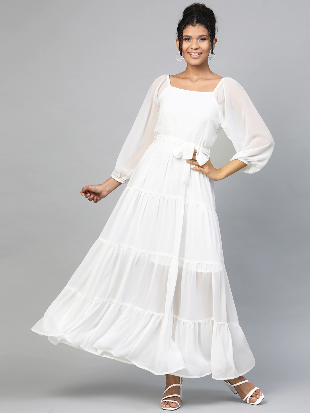 Sassafras White Square Neck Tiered Maxi Dress M / White Sassafras White Square Neck Tiered Maxi Dress M / White