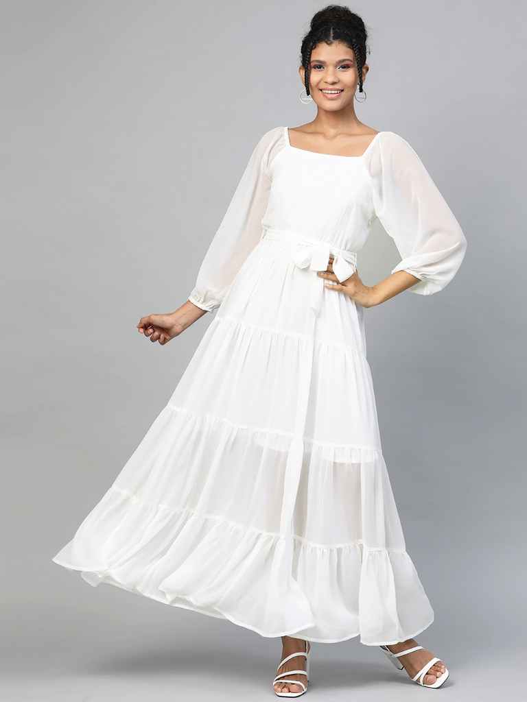 Women's White Square Neck Tiered Maxi Dress