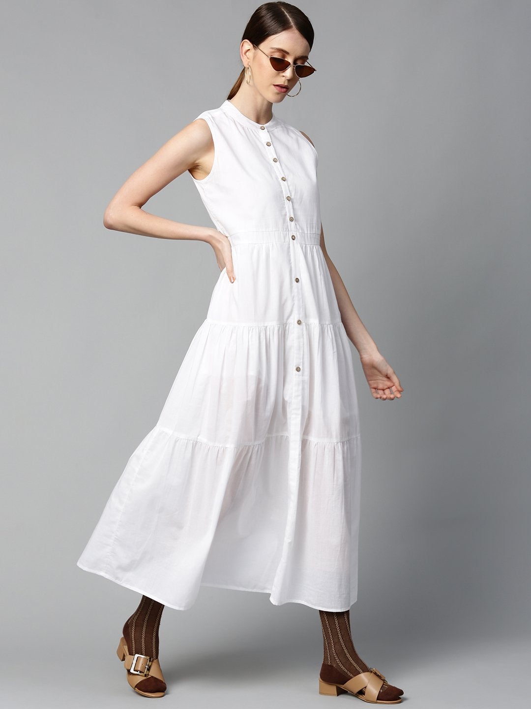 Women's White Sleeveless Tiered Maxi Dress - SASSAFRAS