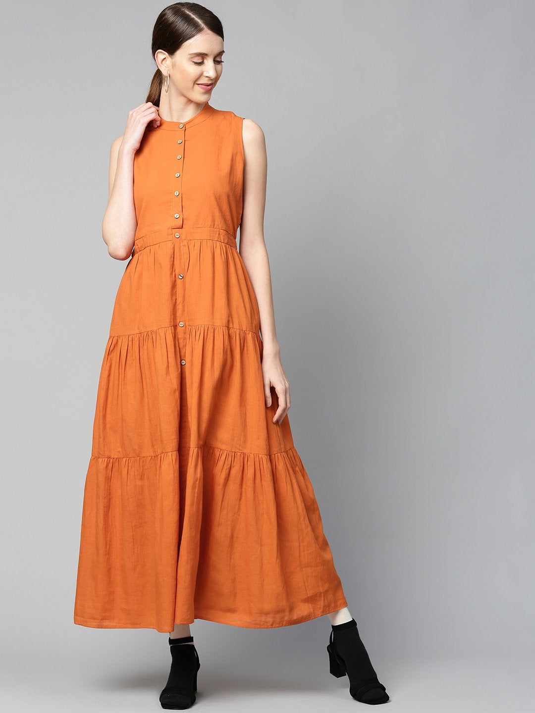 Women's Rust Sleeveless Tiered Maxi Dress - SASSAFRAS