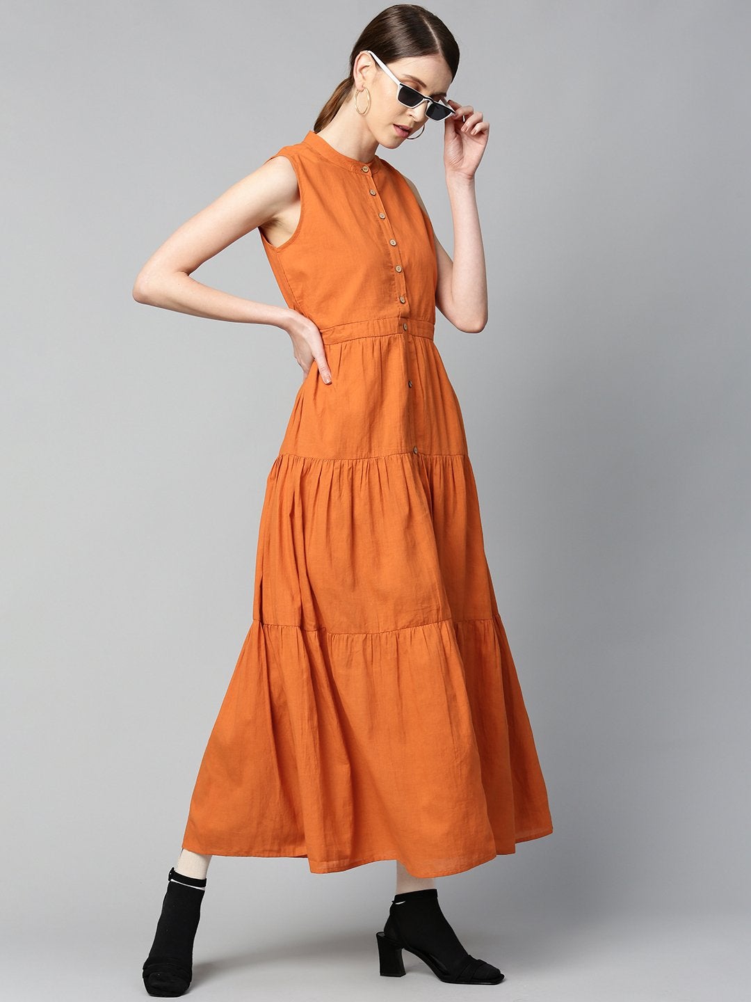 Women's Rust Sleeveless Tiered Maxi Dress - SASSAFRAS