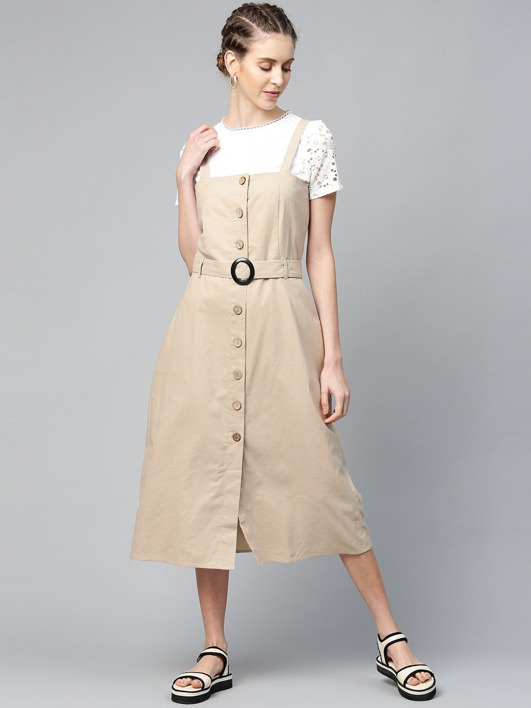 Women's Beige Strappy Front Button Belted Dress - SASSAFRAS