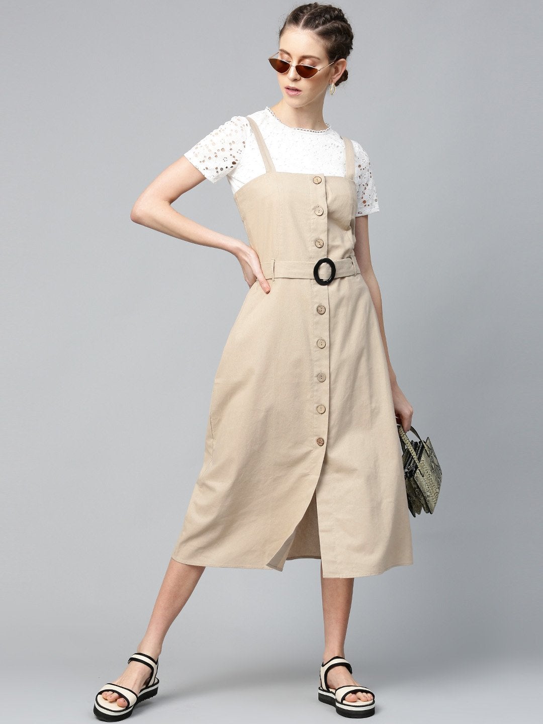 Women's Beige Strappy Front Button Belted Dress - SASSAFRAS