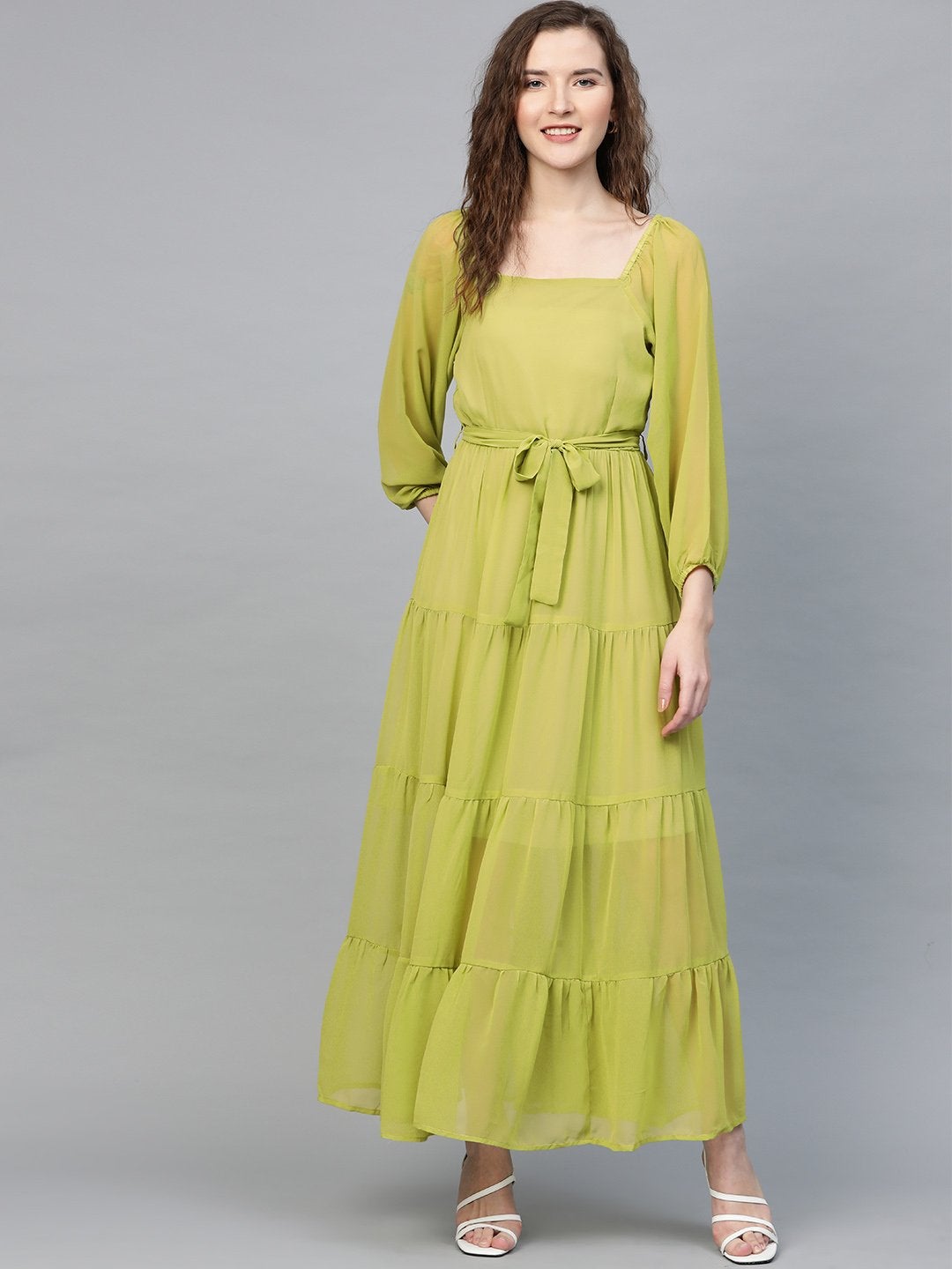 Women's Green Square Neck Tiered Maxi Dress - SASSAFRAS