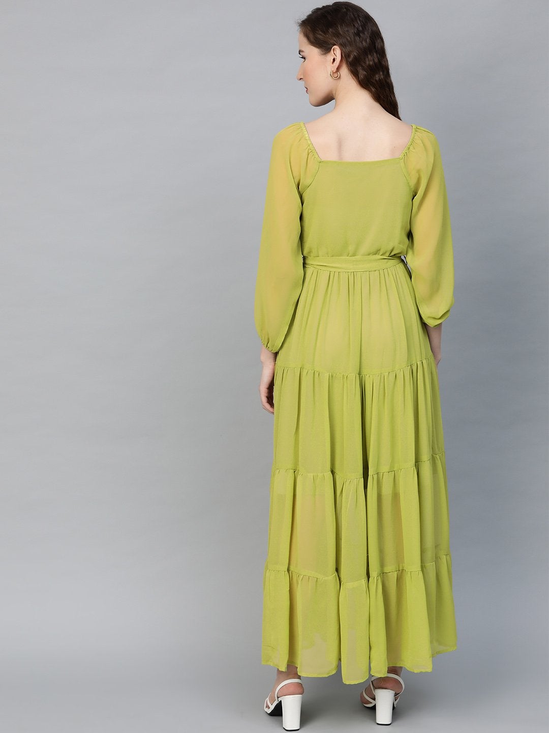 Women's Green Square Neck Tiered Maxi Dress - SASSAFRAS