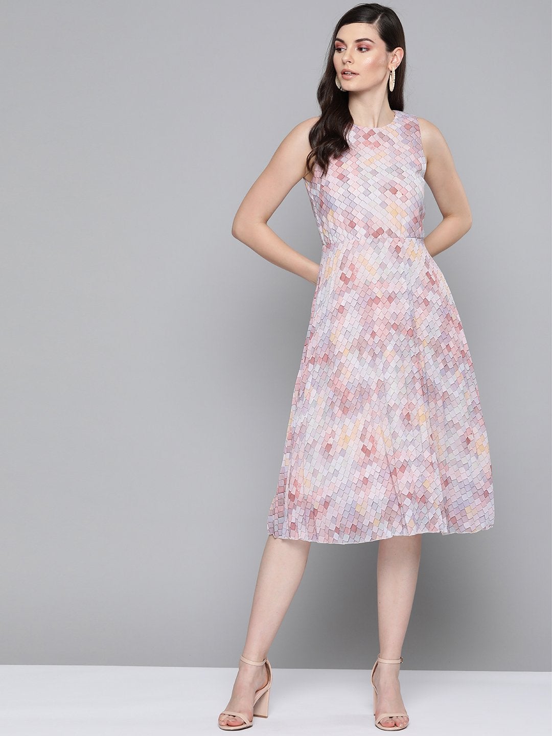 Women's Peach Tile Print Pleated Midi Dress - SASSAFRAS