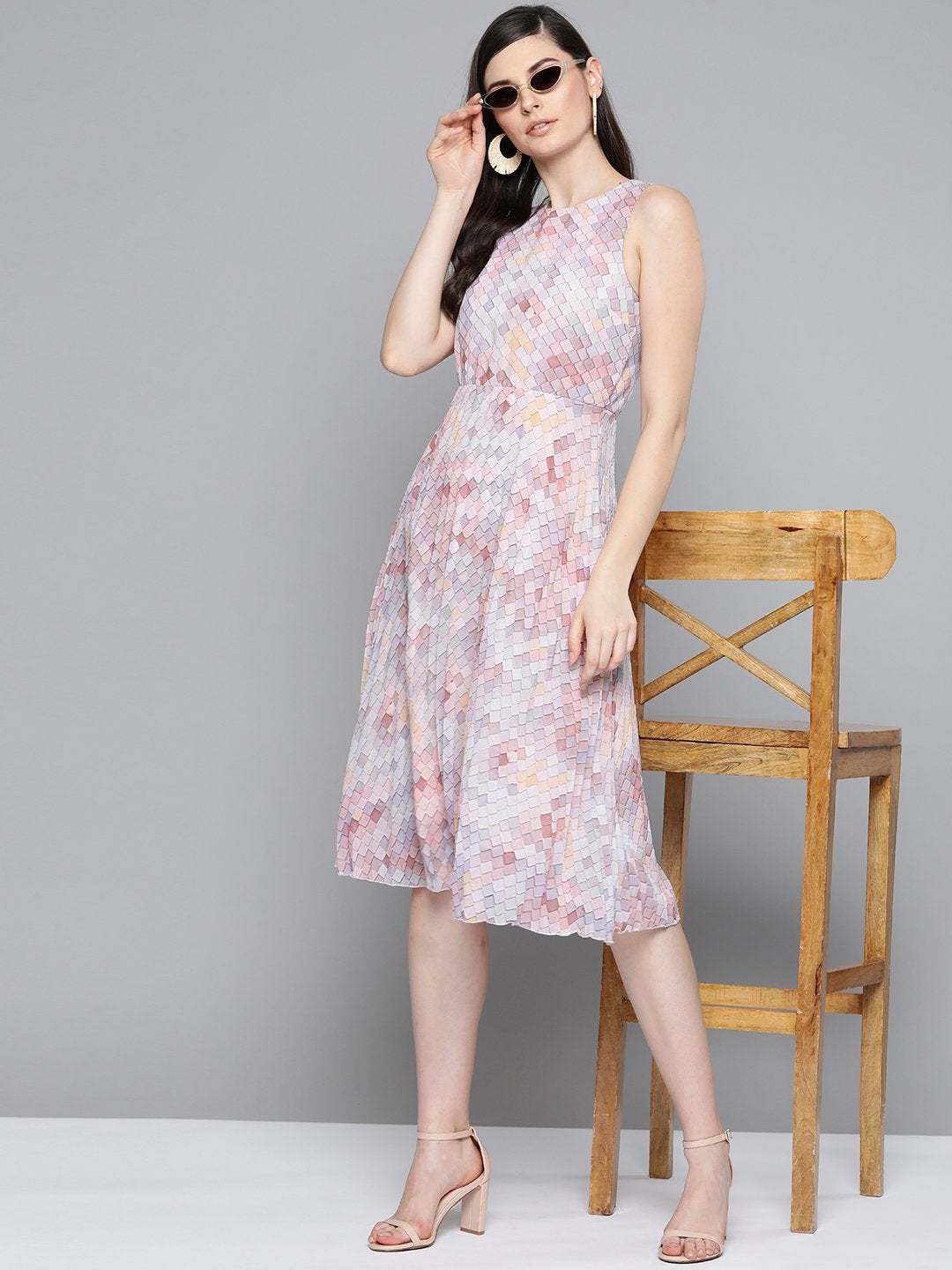 Women's Peach Tile Print Pleated Midi Dress - SASSAFRAS