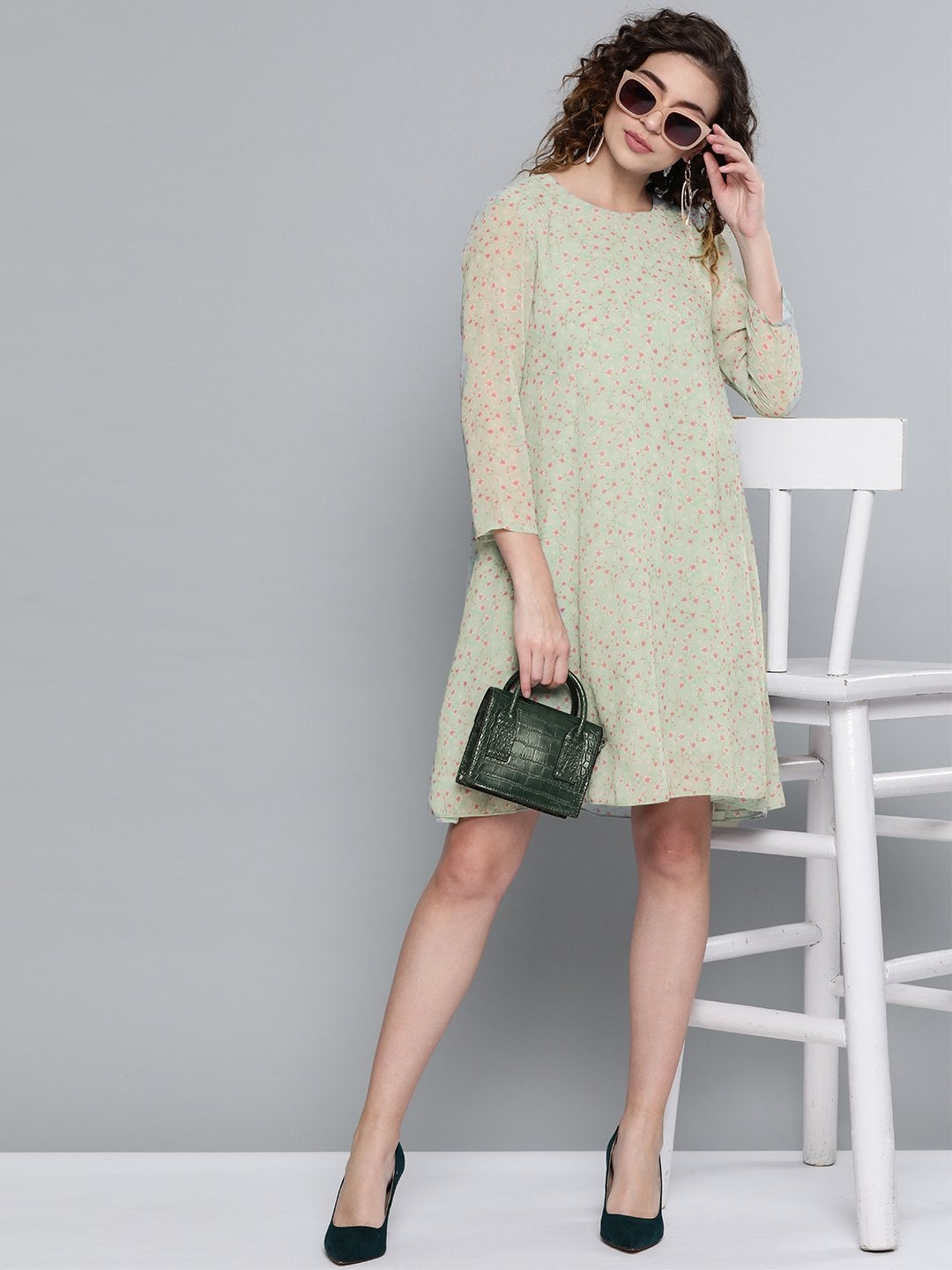 Women's Olive Ditsy Floral Trapeze Dress - SASSAFRAS