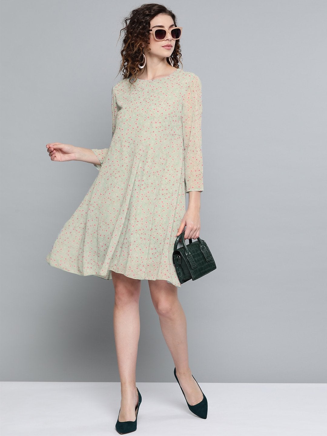 Women's Olive Ditsy Floral Trapeze Dress - SASSAFRAS