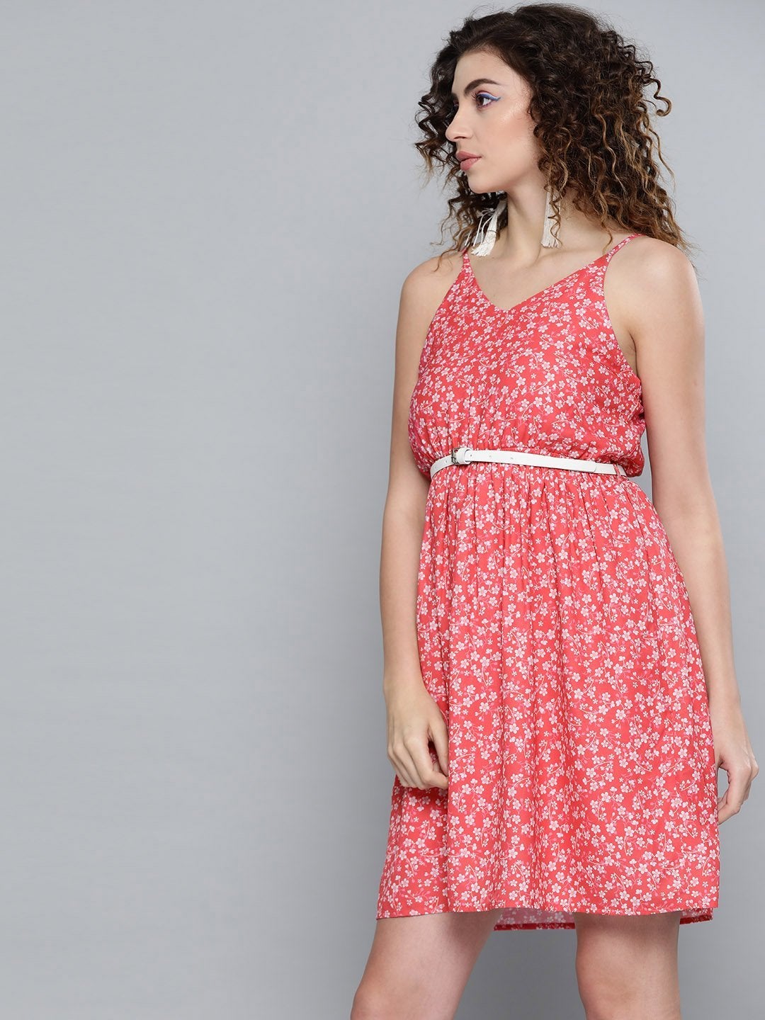 Women's Red Ditsy Floral Short Strappy Belted Dress - SASSAFRAS