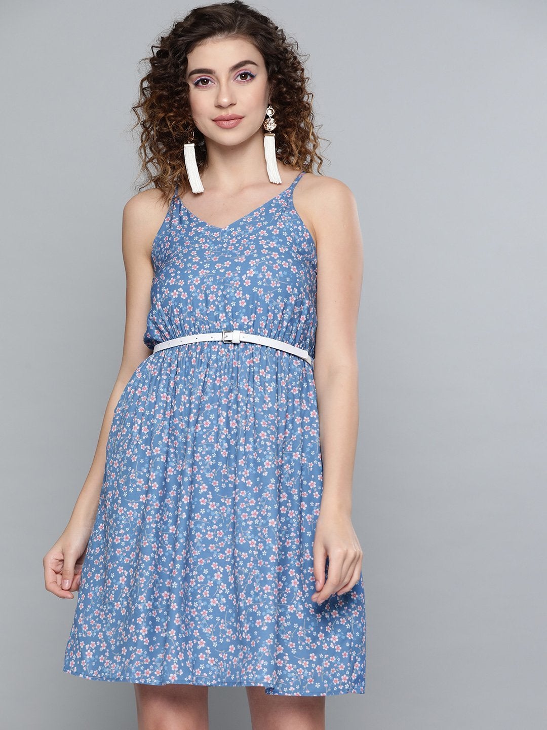 Women's Blue Ditsy Floral Short Strappy Belted Dress - SASSAFRAS