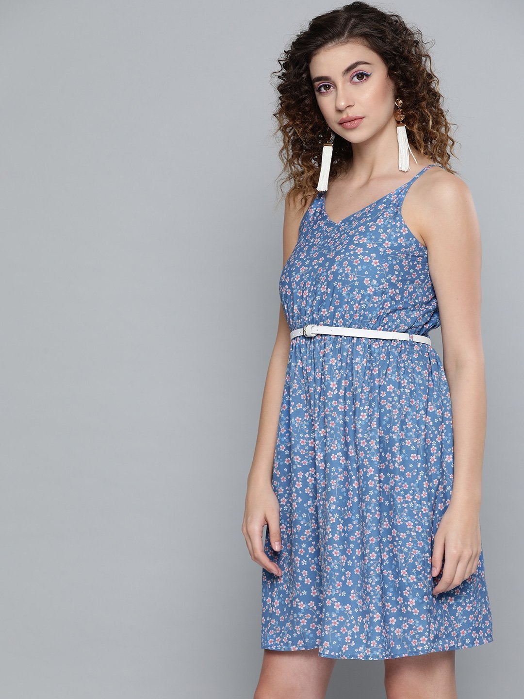 Women's Blue Ditsy Floral Short Strappy Belted Dress - SASSAFRAS