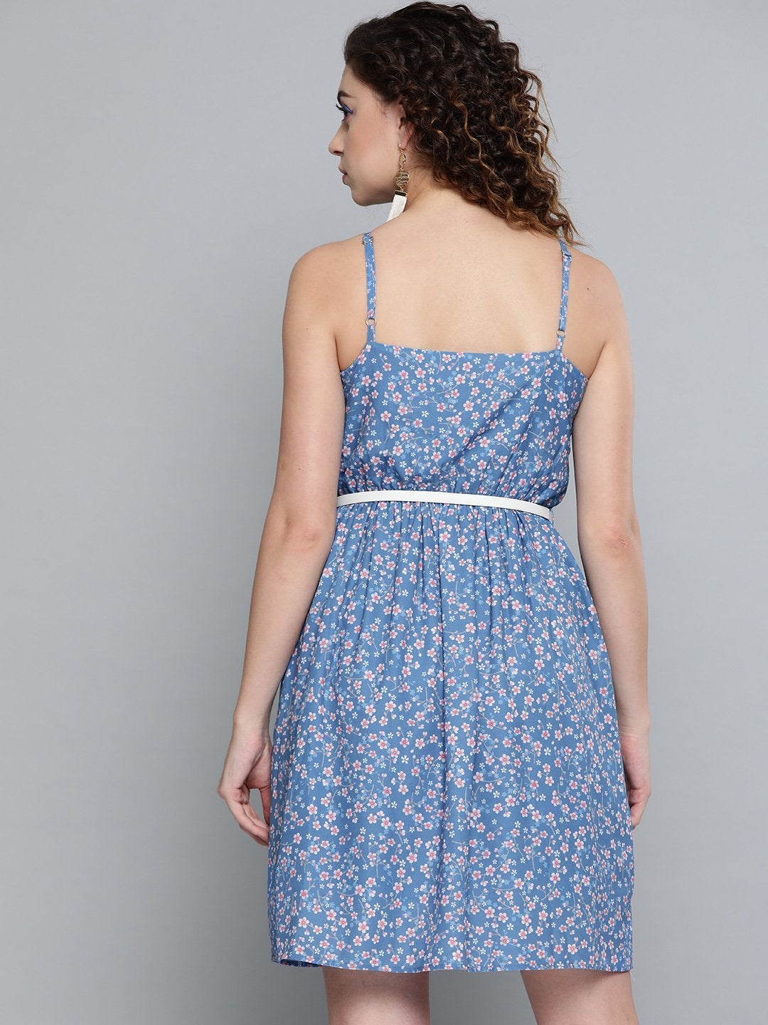 Women's Blue Ditsy Floral Short Strappy Belted Dress - SASSAFRAS