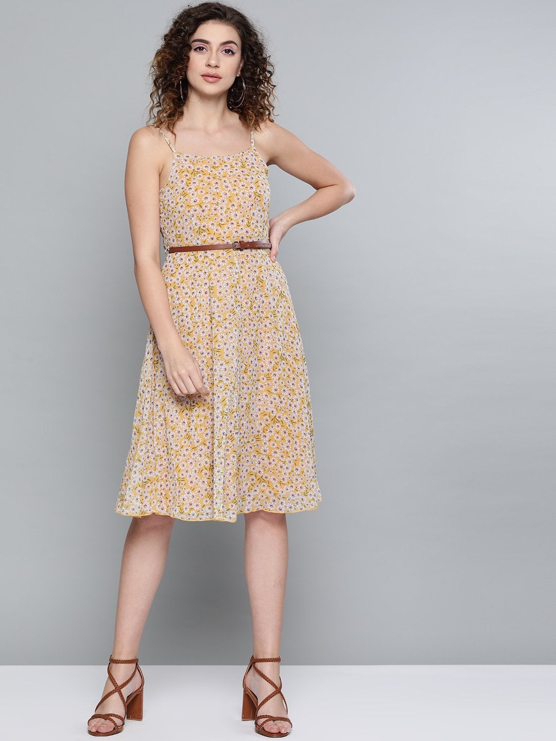 Women's Yellow Ditsy Floral Strappy Belted Midi Dress - SASSAFRAS