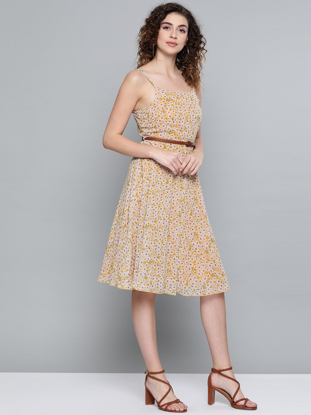 Women's Yellow Ditsy Floral Strappy Belted Midi Dress - SASSAFRAS