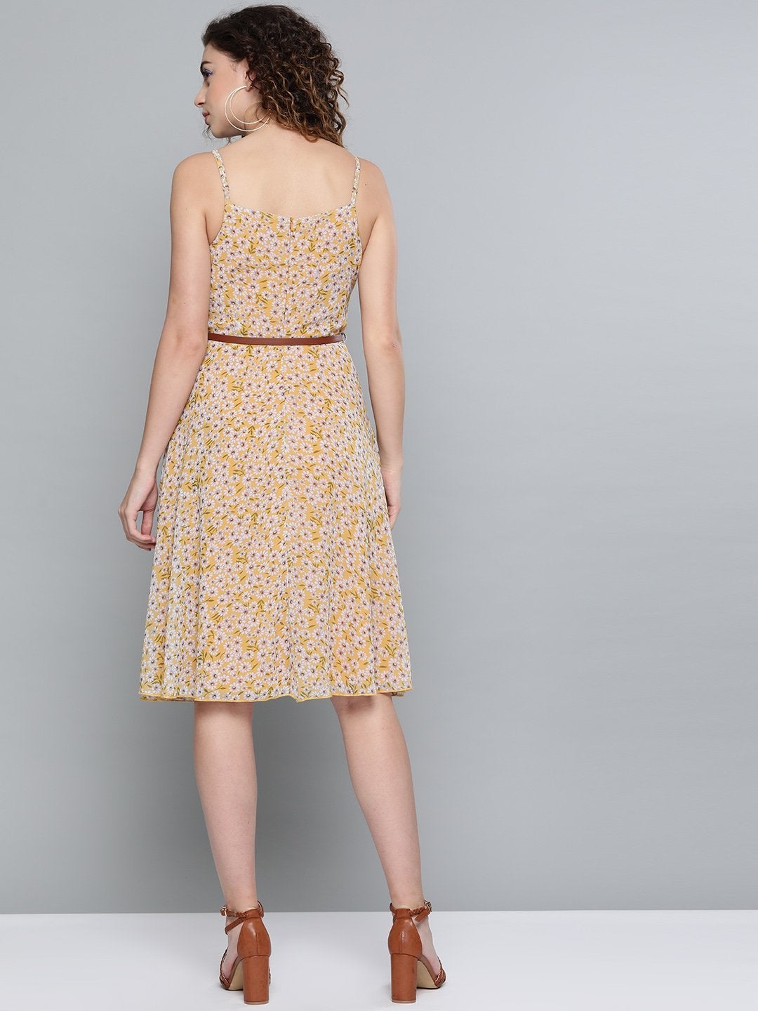 Women's Yellow Ditsy Floral Strappy Belted Midi Dress - SASSAFRAS