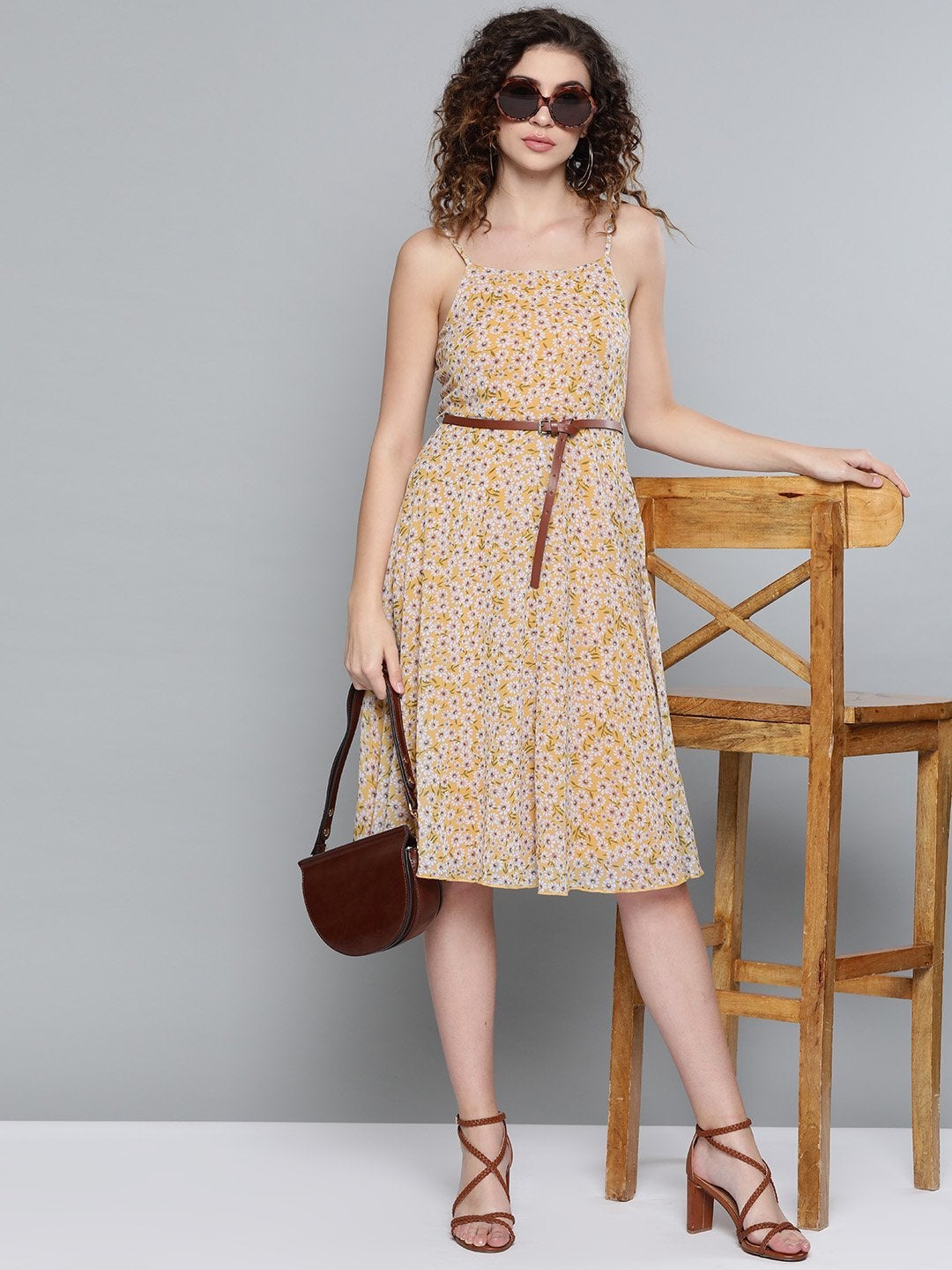 Women's Yellow Ditsy Floral Strappy Belted Midi Dress - SASSAFRAS