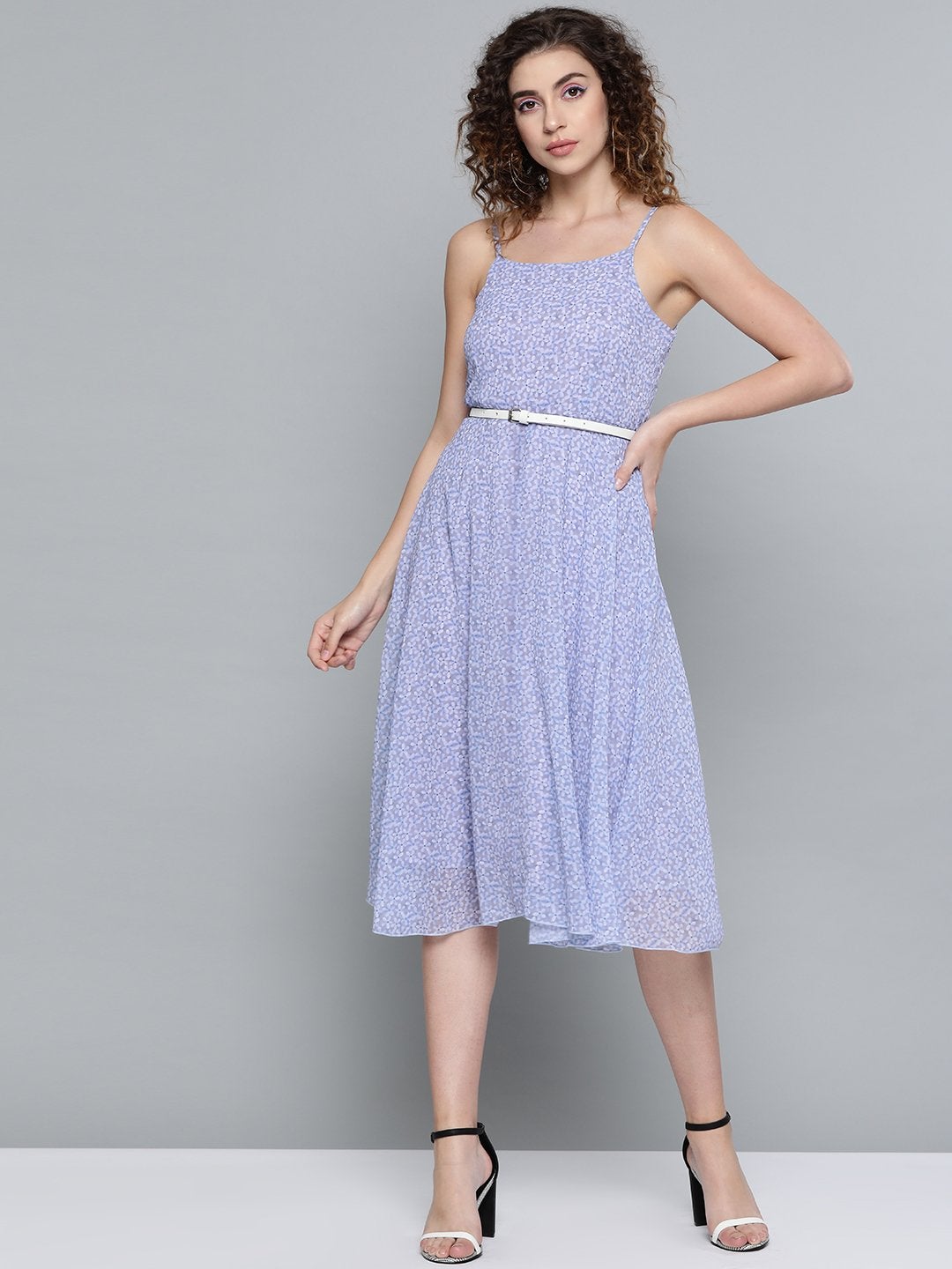 Women's Lavender Ditsy Floral Strappy Belted Midi Dress - SASSAFRAS