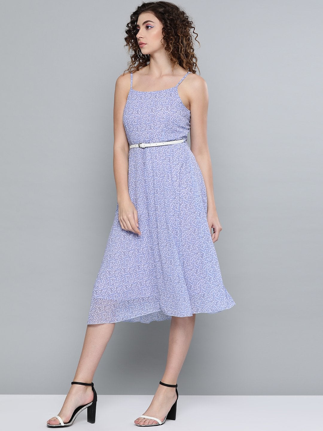 Women's Lavender Ditsy Floral Strappy Belted Midi Dress - SASSAFRAS