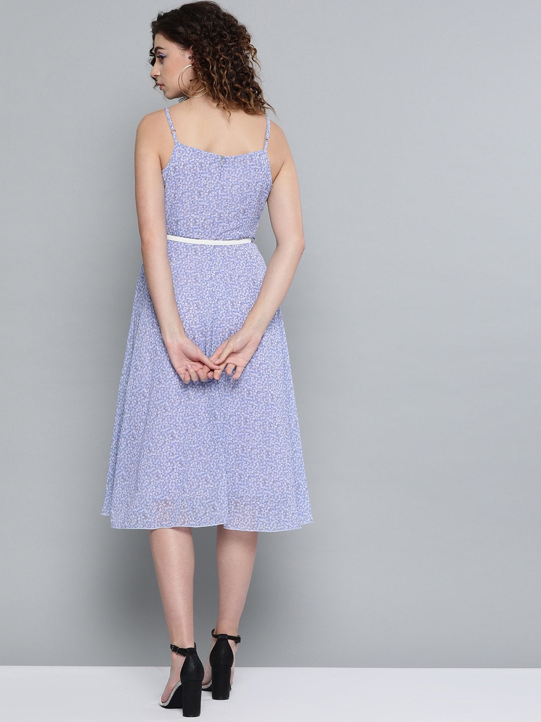 Women's Lavender Ditsy Floral Strappy Belted Midi Dress - SASSAFRAS