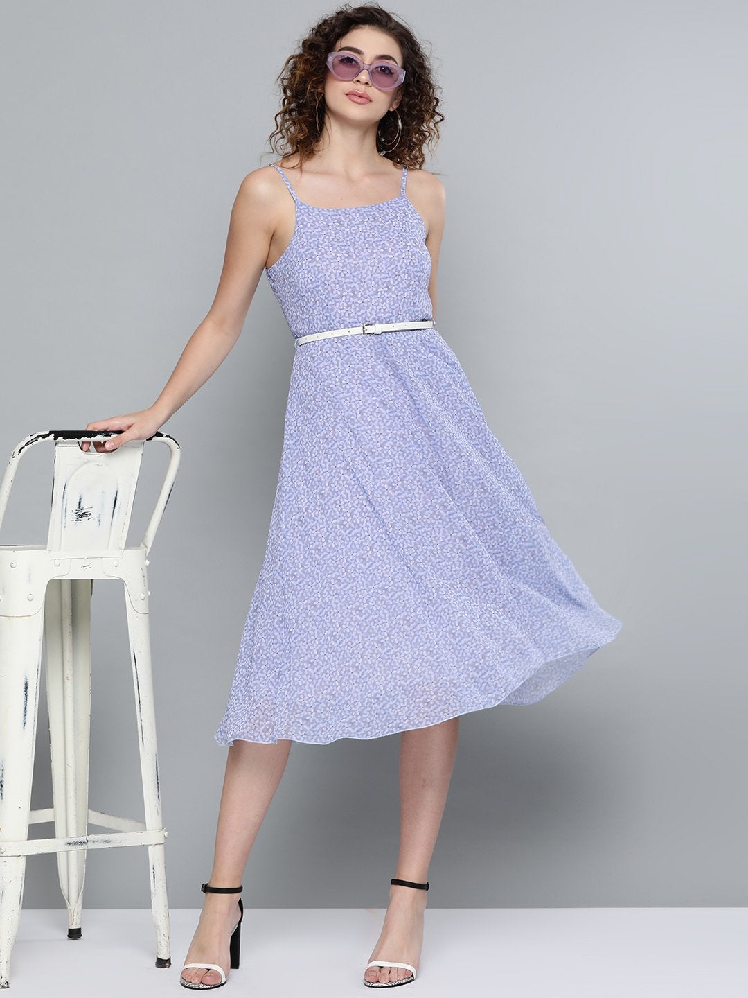 Women's Lavender Ditsy Floral Strappy Belted Midi Dress - SASSAFRAS