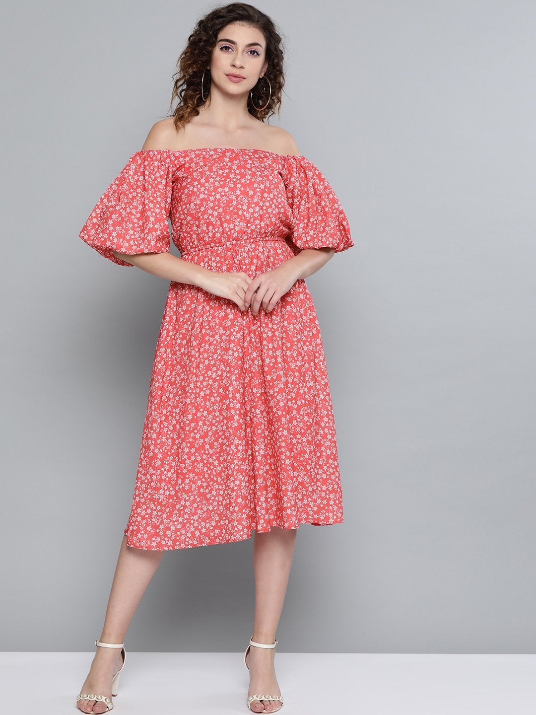 Women's Red Ditsy Floral Off Shoulder Midi Dress - SASSAFRAS