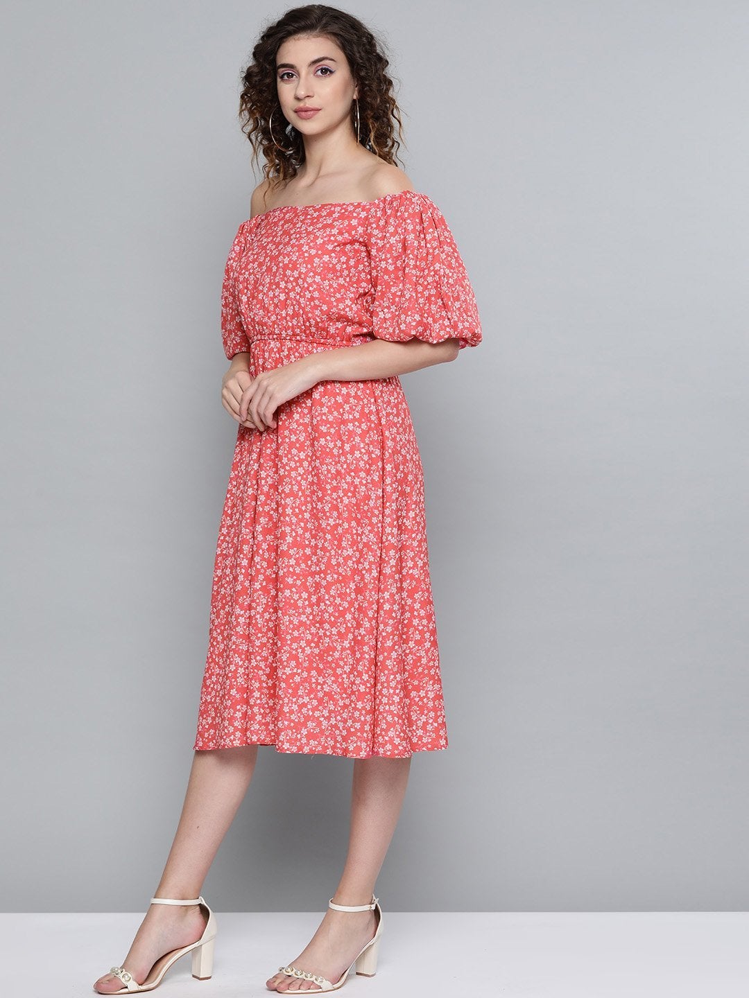 Women's Red Ditsy Floral Off Shoulder Midi Dress - SASSAFRAS