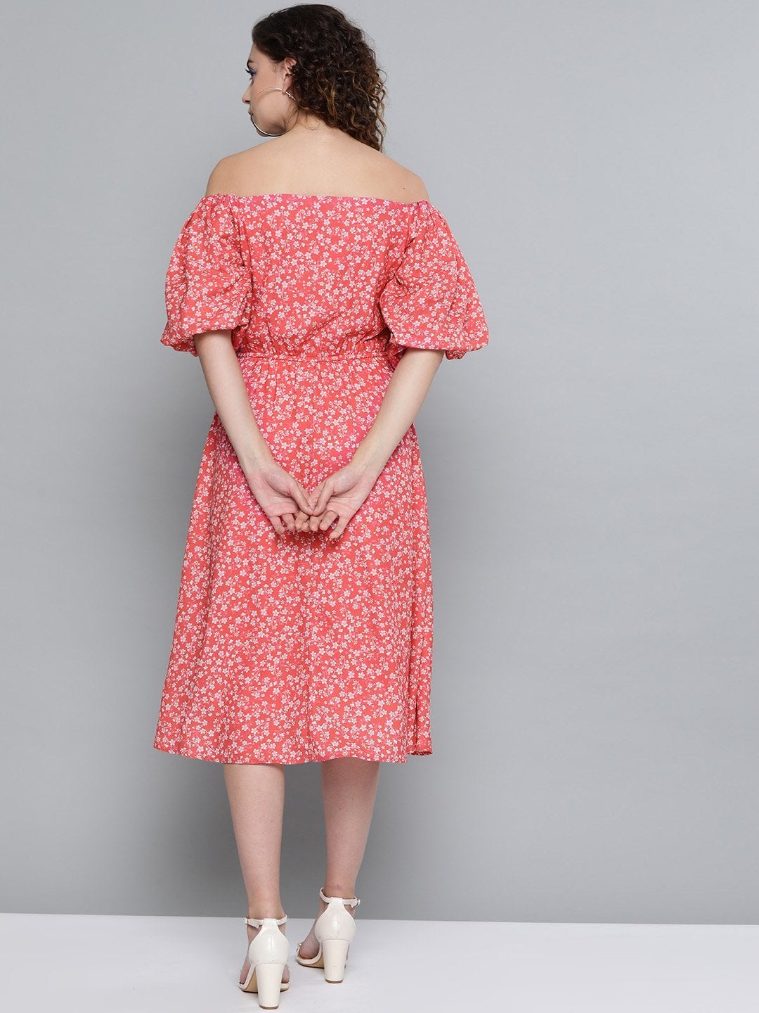 Women's Red Ditsy Floral Off Shoulder Midi Dress - SASSAFRAS