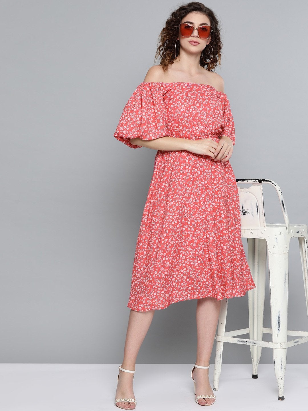 Women's Red Ditsy Floral Off Shoulder Midi Dress - SASSAFRAS