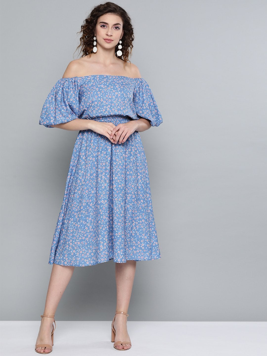 Women's Blue Ditsy Floral Off Shoulder Midi Dress - SASSAFRAS